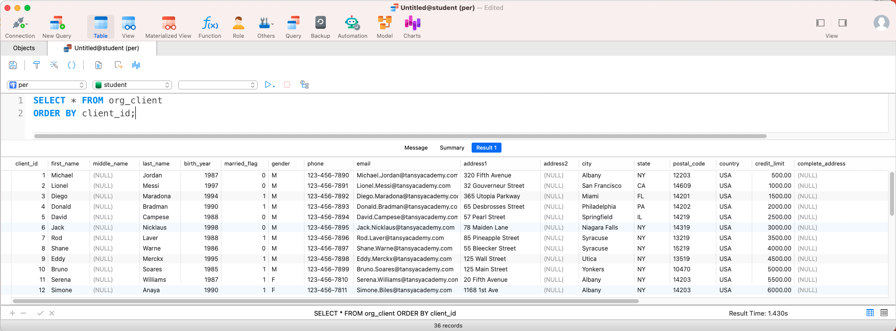 PostgreSQL employee table with data