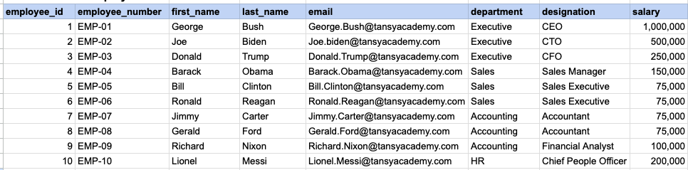 Example 1 Raw data from employee table