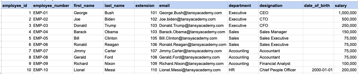 Example 1 Raw data from employee table