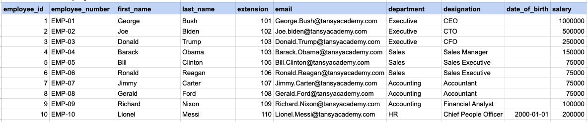 Example 1 Raw data from employee table