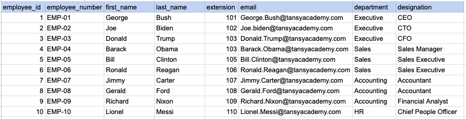 Example 1 Raw data from employee table