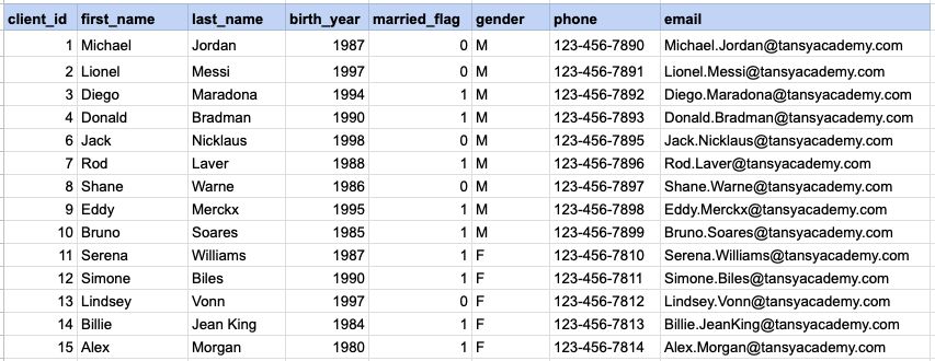 Example 1 Raw data from client table